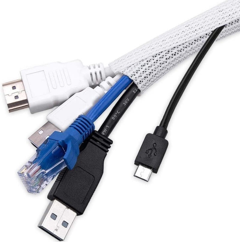 AGPtek Cable Sleeve Cover, 25ft - 4/5 inch Desk Cord Organizer Cable Hider, Home Office Wire Management Computer TV Wire Loom Tubing, Pet Proof Cord Protector, from Cat Dog Chewing, White - Image 1